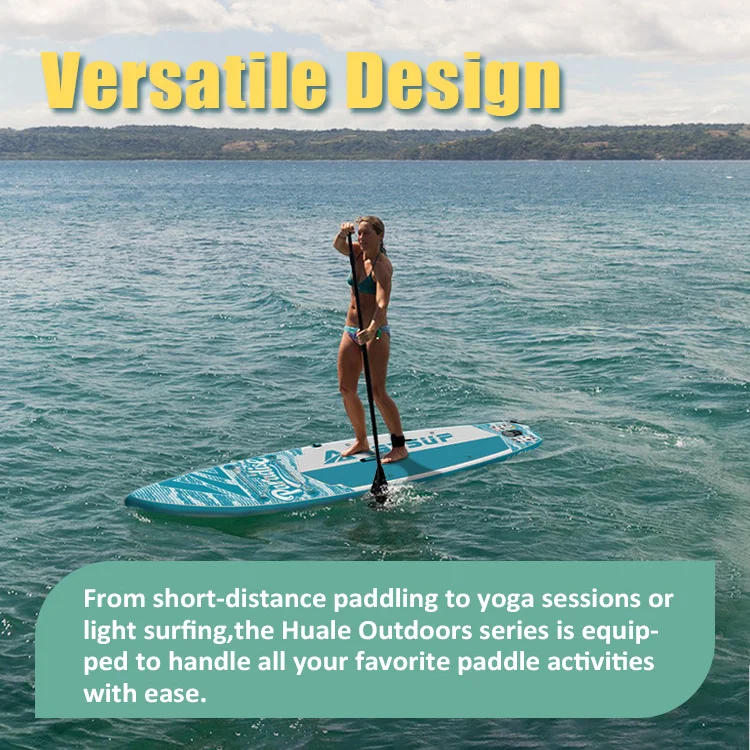 Woman paddleboarding on ocean with versatile design board, background of distant hills and sky.