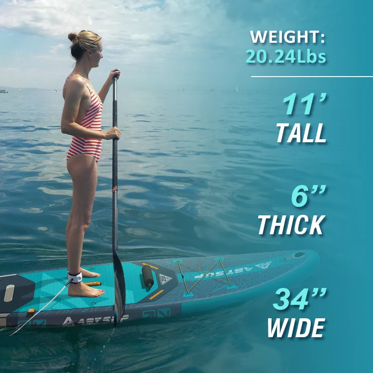 Woman in a red striped swimsuit paddling on a teal inflatable paddleboard in calm ocean waters. Board dimensions and weight are listed.