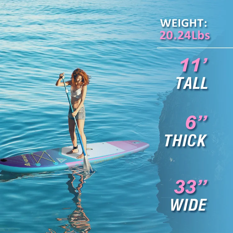 Woman paddleboarding on a calm blue ocean with board dimensions displayed: 11 feet tall, 6 inches thick, 33 inches wide, weight 20.24 lbs.
