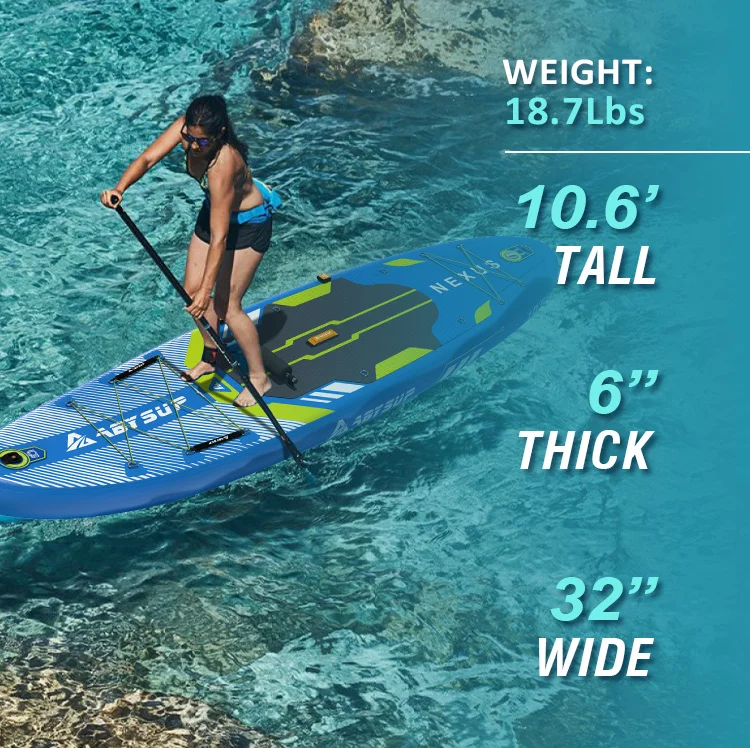 Woman paddleboarding on a blue board with specifications: 10.6' tall, 6'' thick, 32'' wide, weight 18.7 lbs.