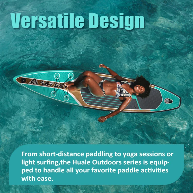 A woman in a bikini relaxing on a turquoise paddleboard, floating on clear blue water with text promoting versatile design.