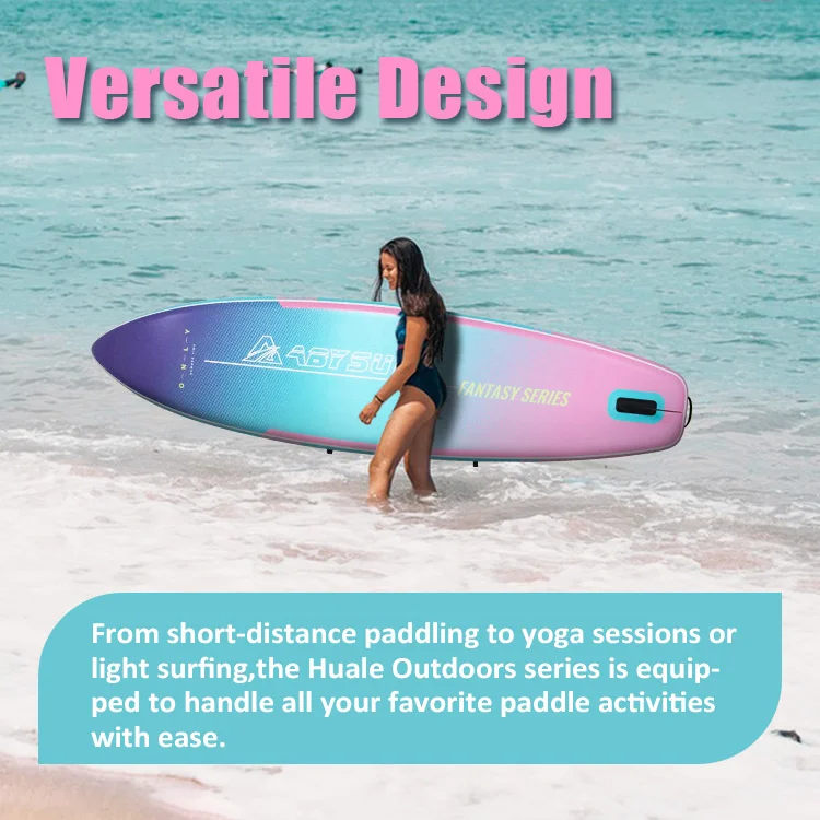 Woman in swimsuit carrying a colorful paddleboard at the beach with text 'Versatile Design'.