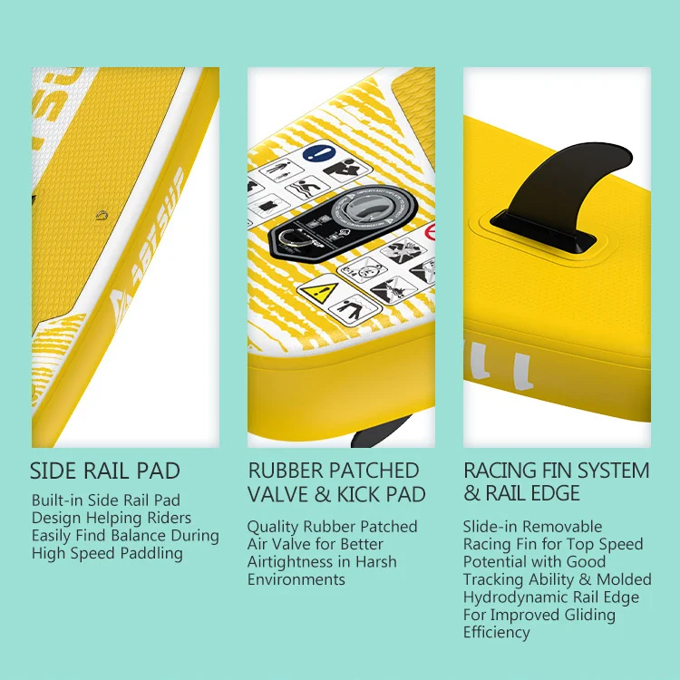 Close-up images of a yellow paddleboard showing side rail pad, rubber patched valve, kick pad, and racing fin system.