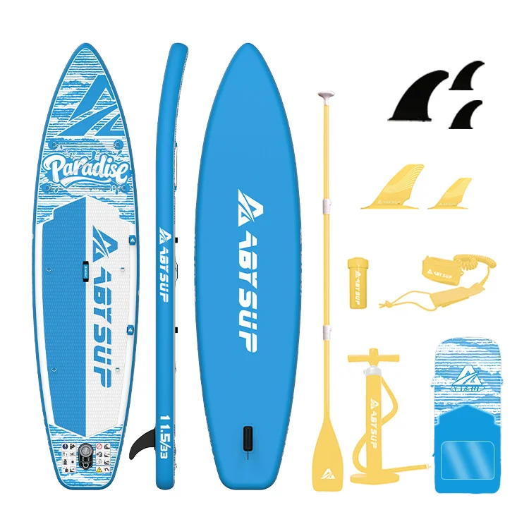 Blue inflatable SUP board set with paddle, pump, fins, and accessories. Branding shows 'Paradise' and 'ABYSUP'.