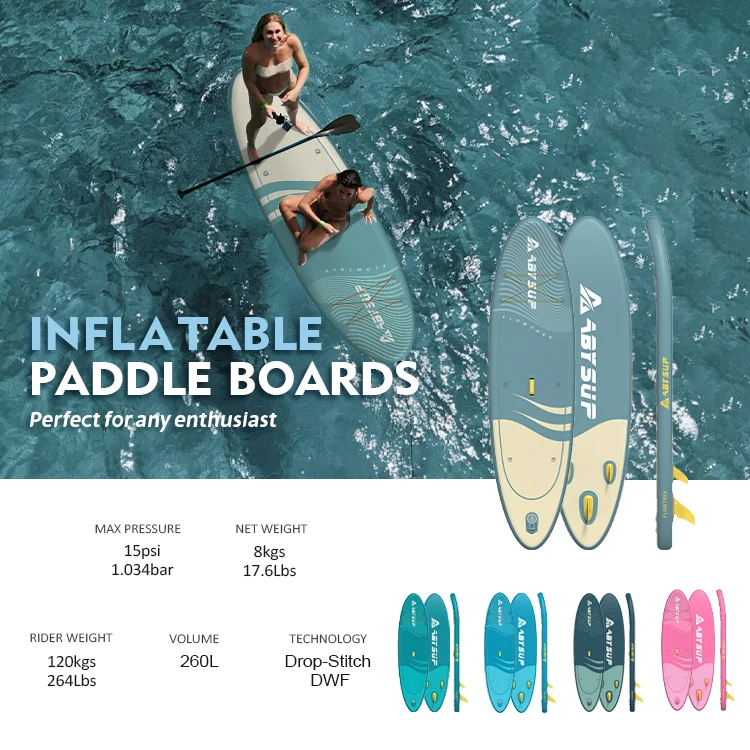 Two people using inflatable paddle boards on water with specifications listed, showcasing different colors and models.