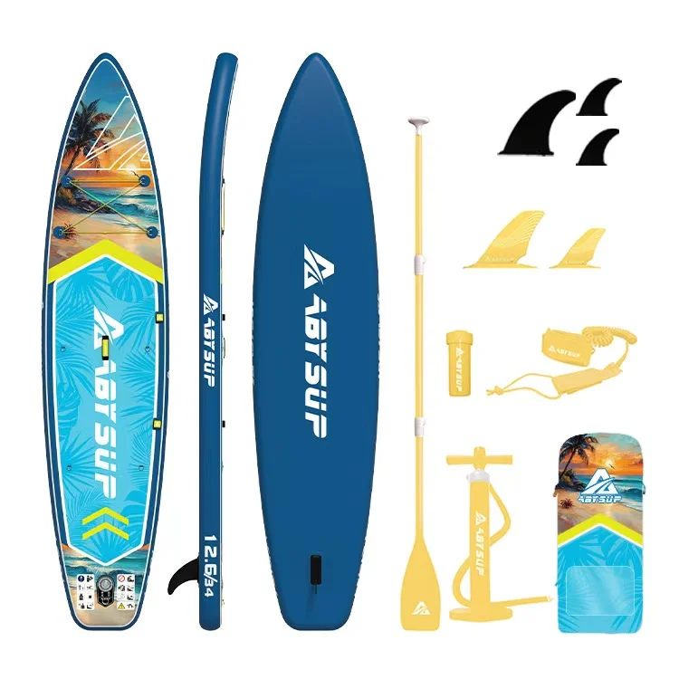 Inflatable stand-up paddle board with colorful design, paddle, pump, fins, and carry bag. Complete SUP board set.