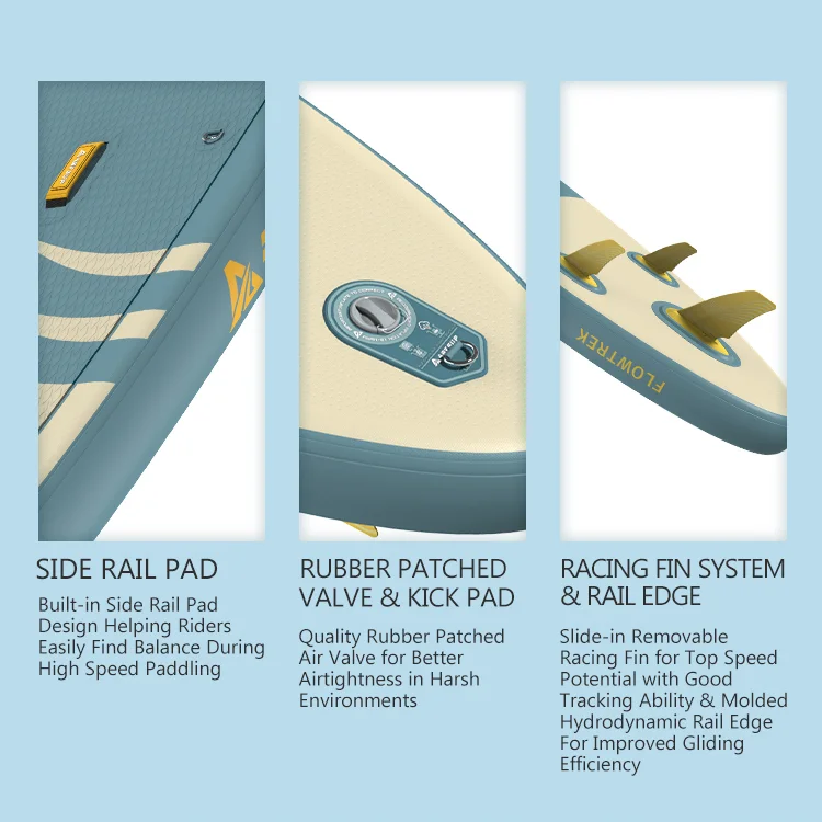 Detailed view of paddleboard components, including side rail pad, rubber patched valve, kick pad, and racing fin system.