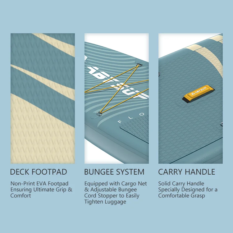 Close-up of paddleboard showing deck footpad for grip, bungee system for cargo, and solid carry handle for easy transport.