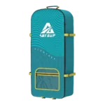 Aby SUP Flowtrek paddleboard bag with turquoise color and yellow accents, showcasing a wavy pattern design and a zipper pocket.