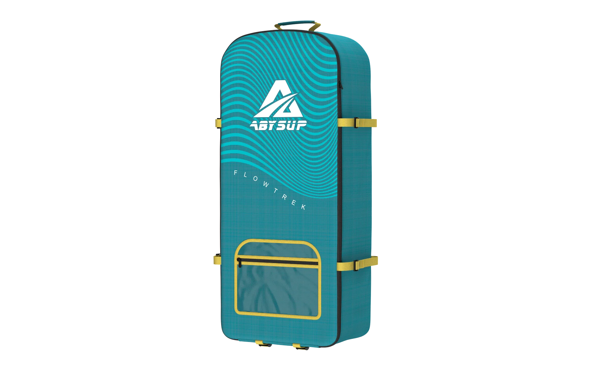 Aby SUP Flowtrek paddleboard bag with turquoise color and yellow accents, showcasing a wavy pattern design and a zipper pocket.