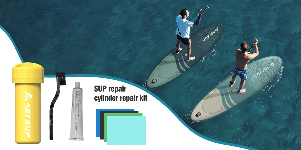 Two people paddleboarding on clear blue water alongside a SUP repair kit, including a yellow cylinder, tool, adhesive tube, and repair patches.