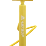 Bright yellow hand pump with a flexible hose attached, designed for inflating objects, possibly SUP boards.