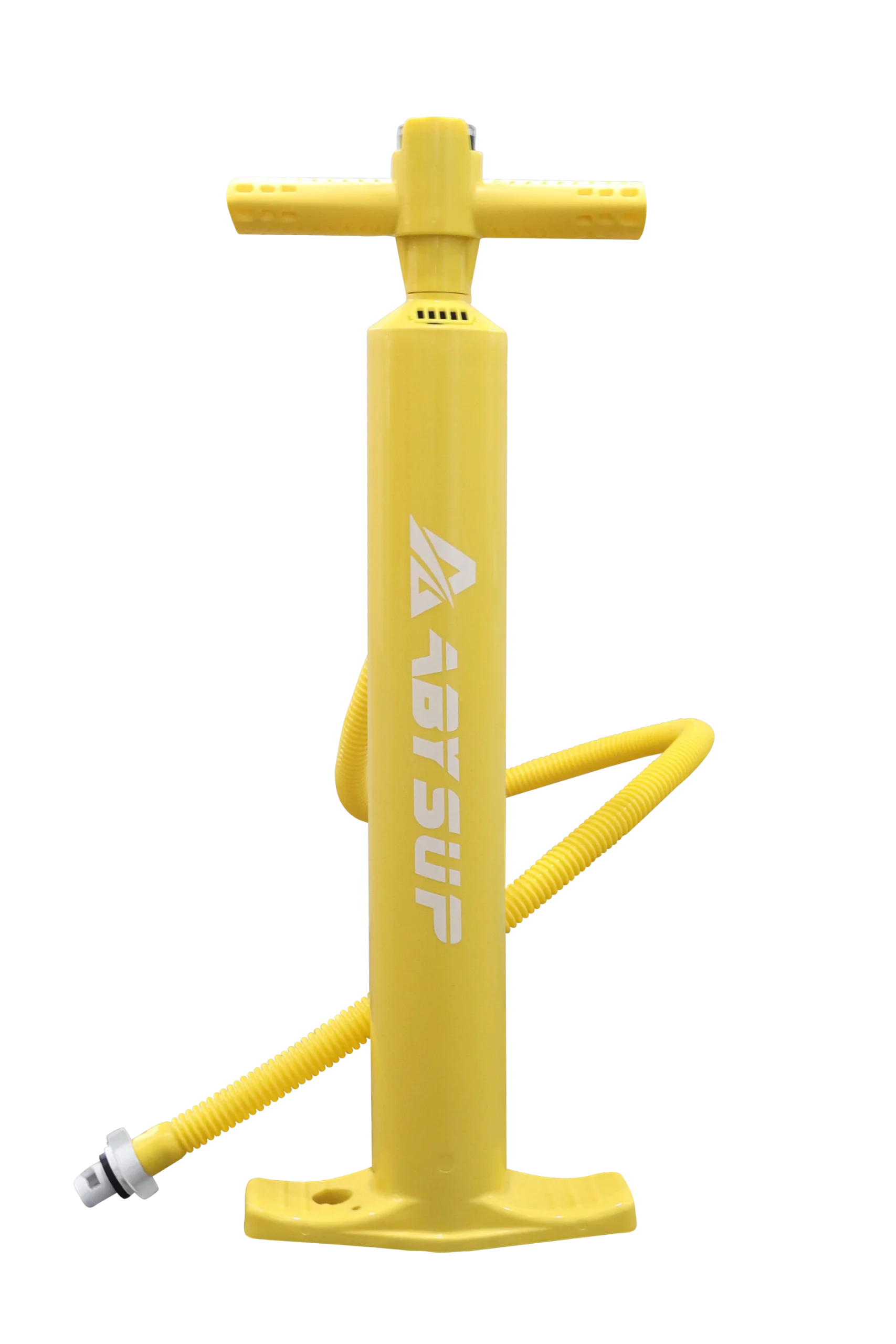 Bright yellow hand pump with a flexible hose attached, designed for inflating objects, possibly SUP boards.