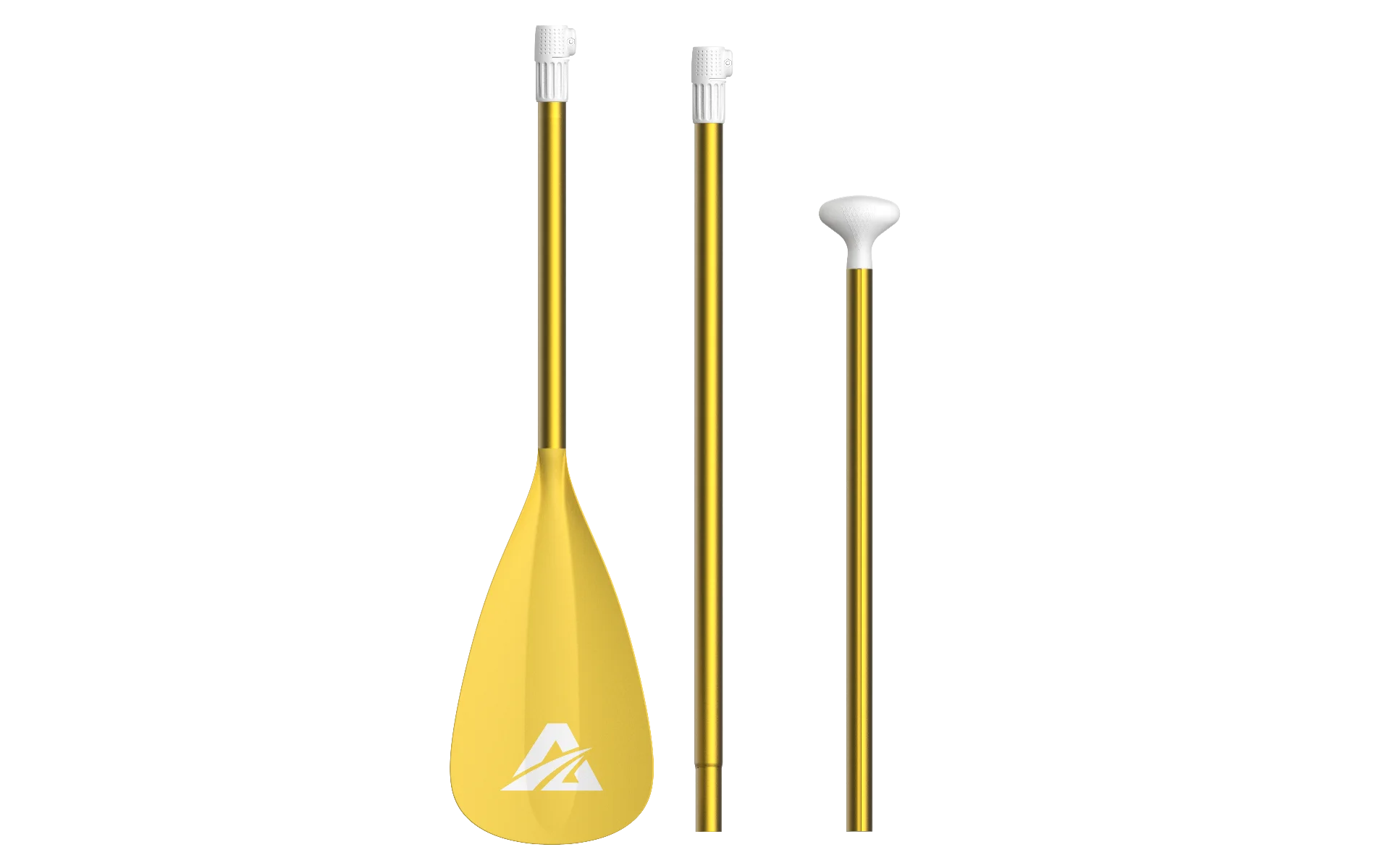 Three-piece paddle set in yellow with adjustable handles and blade. Each section features white adjustment mechanisms.