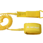 Yellow coiled SUP leash featuring ABY SUP branding, designed for stand-up paddleboard safety.