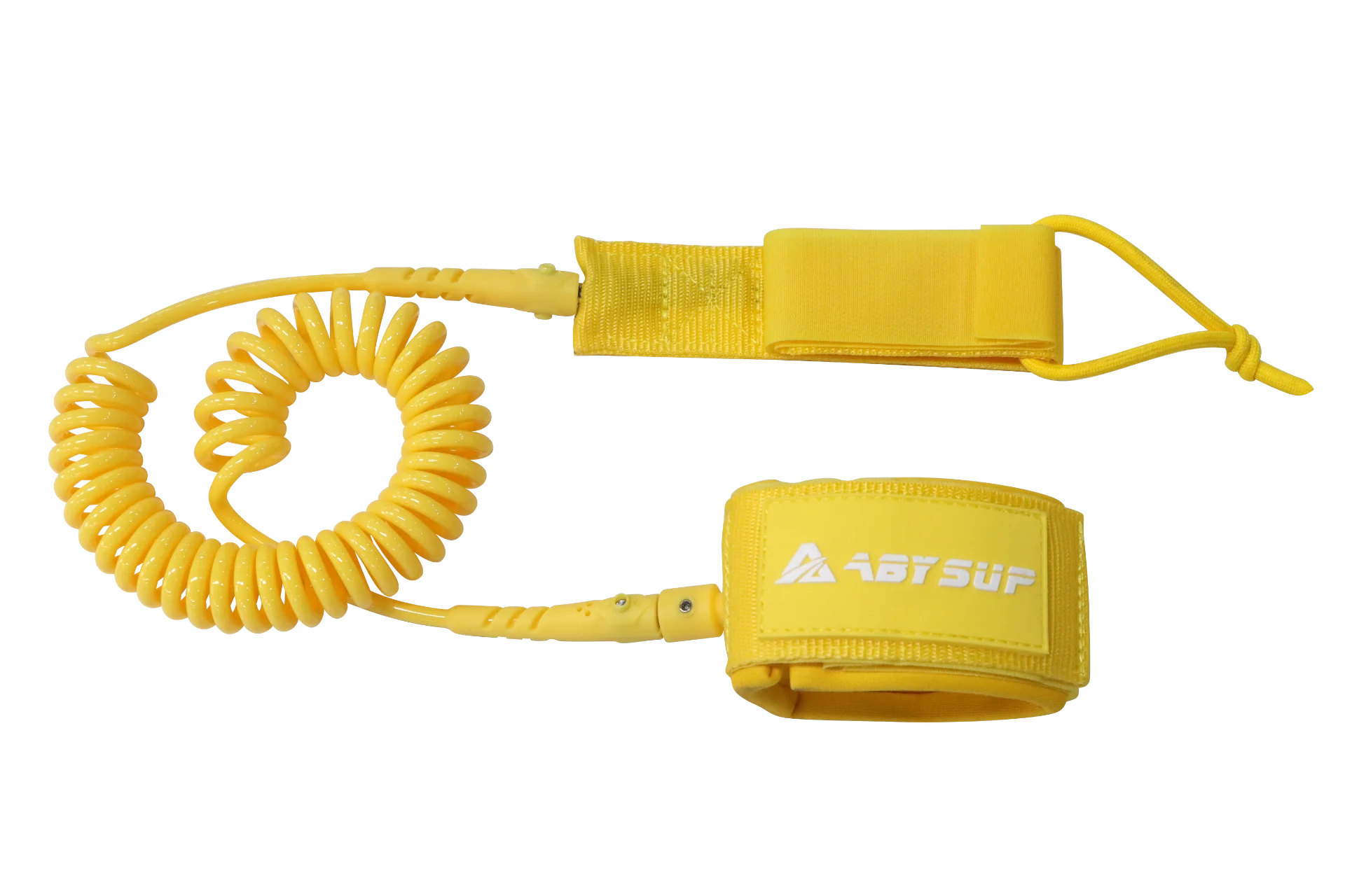 Yellow coiled SUP leash featuring ABY SUP branding, designed for stand-up paddleboard safety.