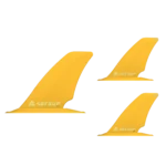 Set of three yellow surfboard fins in varying sizes displayed on a white background, each featuring a logo.