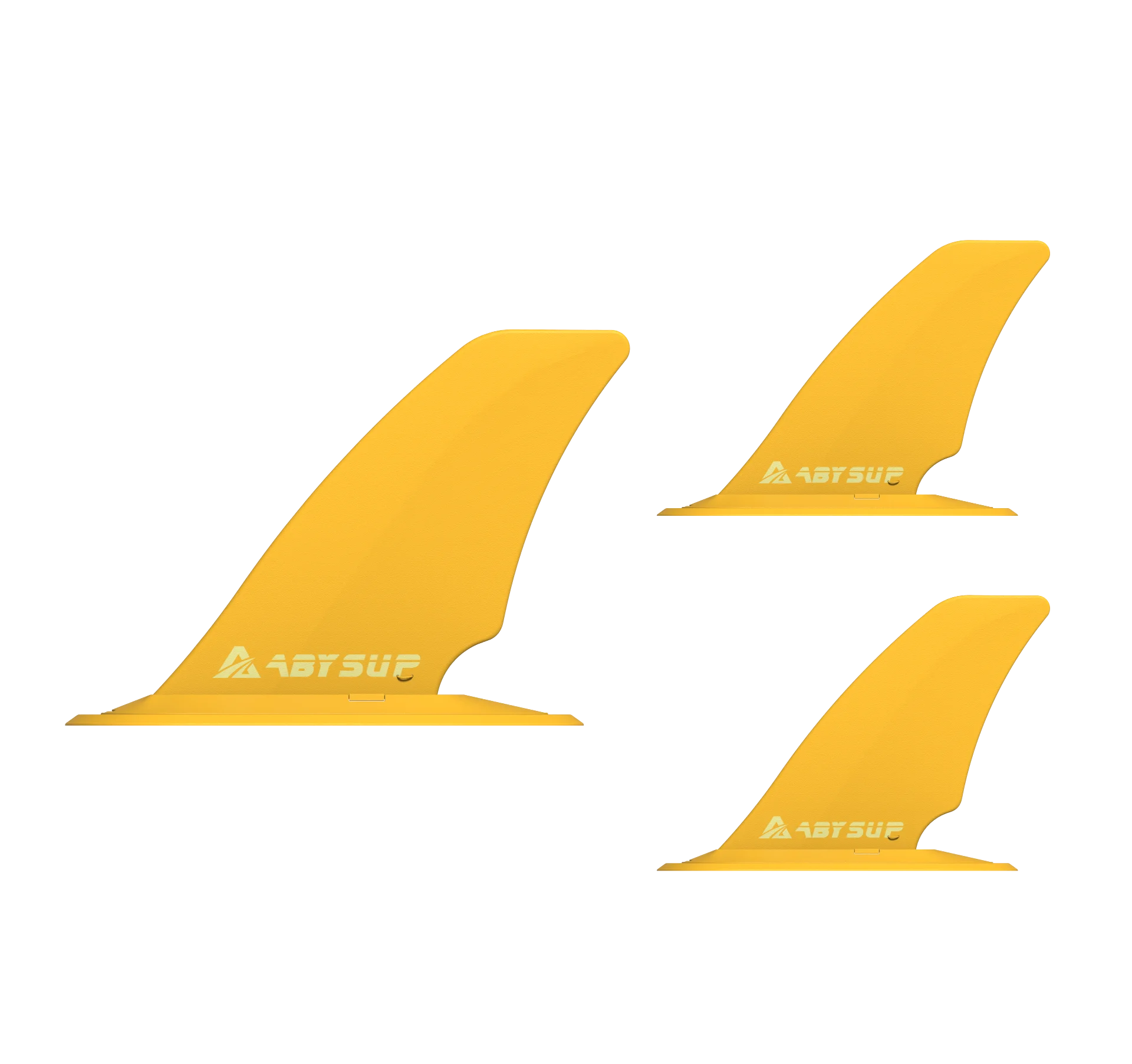 Set of three yellow surfboard fins in varying sizes displayed on a white background, each featuring a logo.