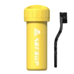 Yellow waterproof container with a screw cap and logo next to a black mounting bracket on a black background.
