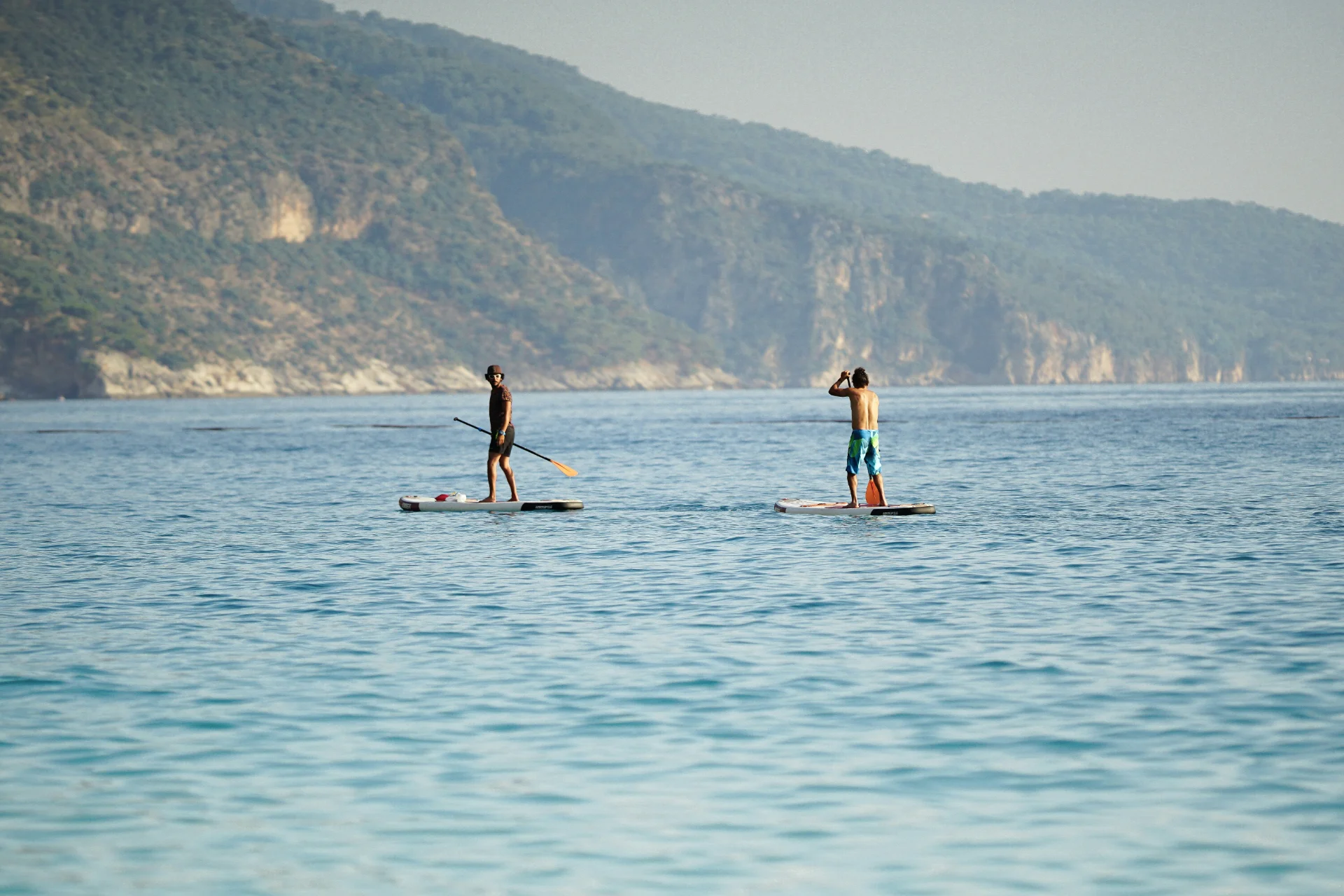 Two paddleboarders in calm blue waters with a rugged coastal backdrop and green hills on a sunny day.