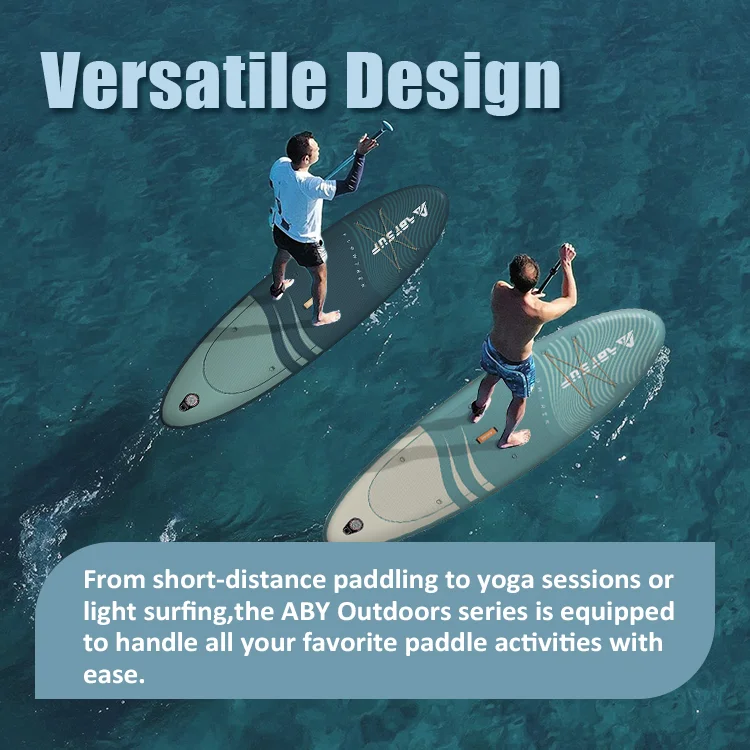 Two people paddleboarding on a calm blue sea, demonstrating the versatility of paddleboards suitable for various activities.