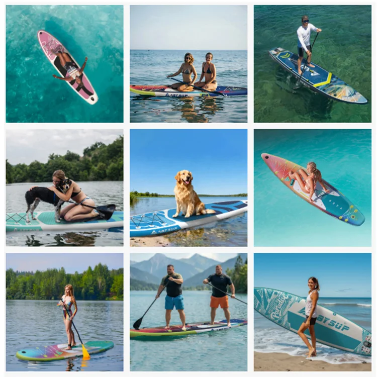 Collage of nine images featuring paddleboarding activities with people, pets, and scenic views on lakes and clear water.