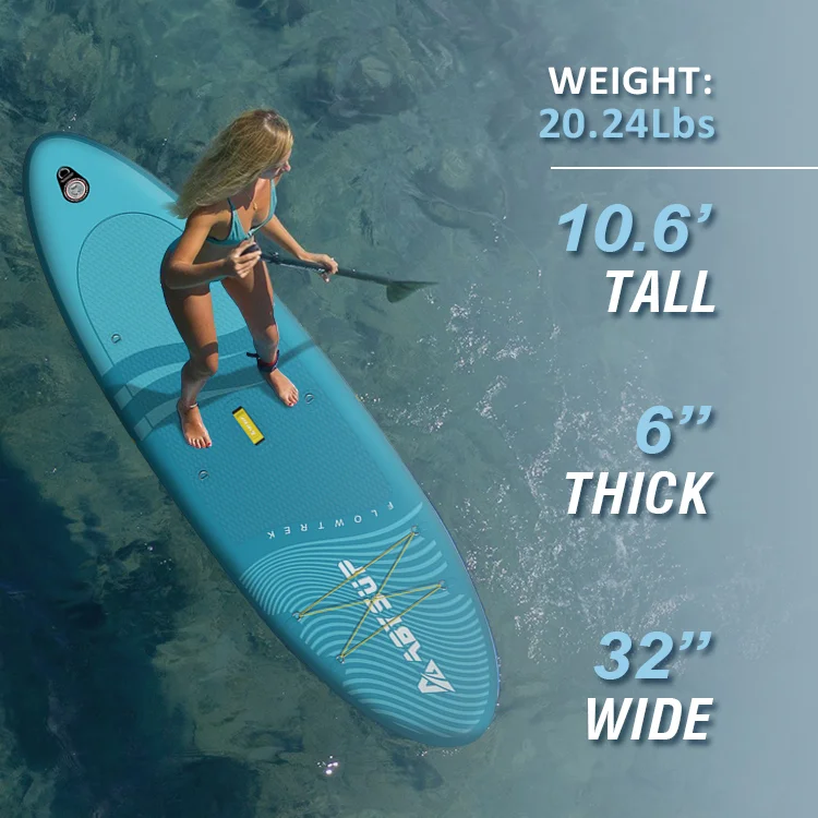 Woman paddleboarding on a turquoise stand-up paddleboard in clear water, with listed dimensions: 10.6' tall, 6" thick, 32" wide.