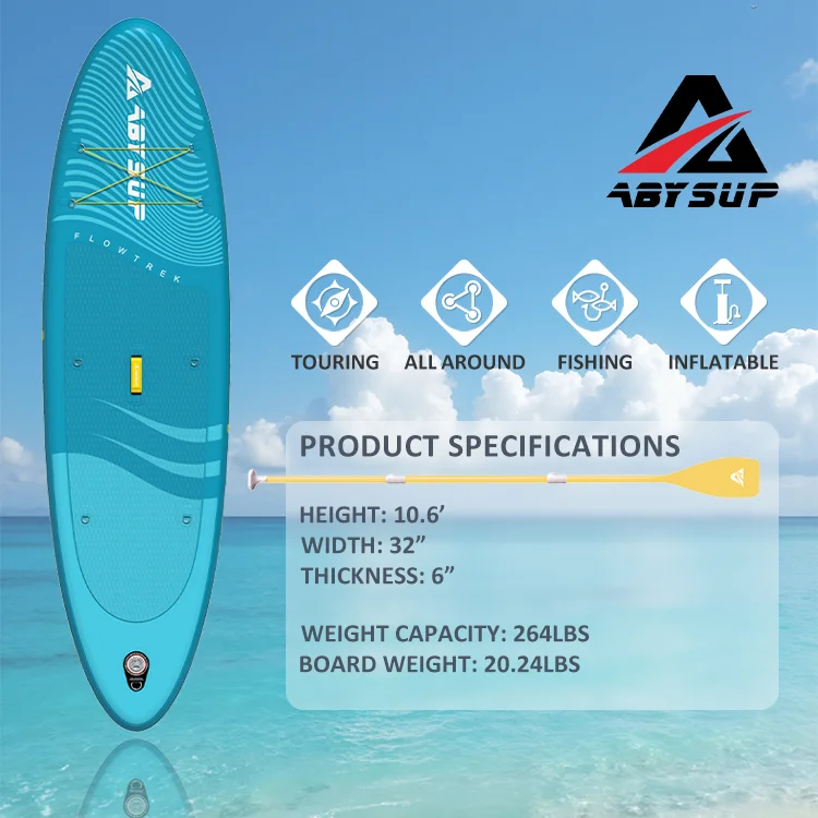 Blue Aby Sup Flow Trek inflatable paddleboard with product specifications including touring, all-around uses, fishing, inflatable design, and measurements displayed over a scenic ocean background.