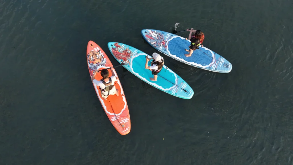 Aerial view of three paddleboarders on ornate boards floating on calm water, wearing life vests and holding paddles.