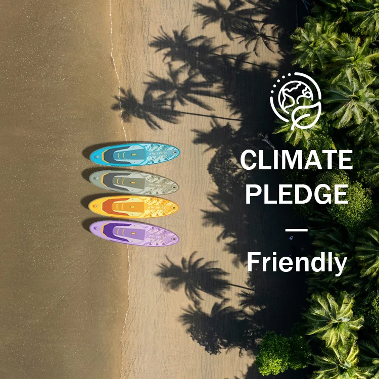 Five colorful paddleboards placed on a sandy beach near palm trees, with text promoting eco-friendly climate pledge.