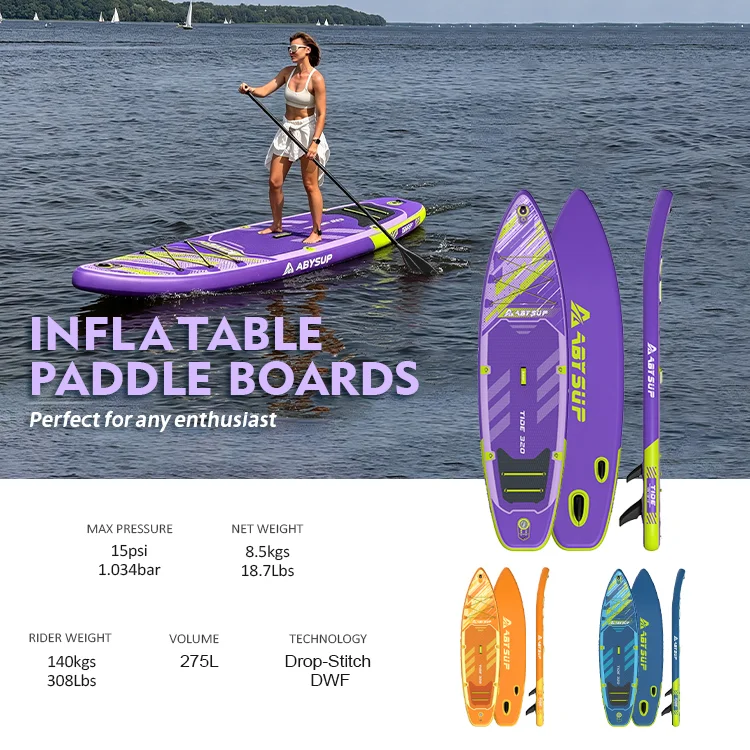 A person paddling on a purple inflatable paddle board with specifications and details about the board shown on the side.