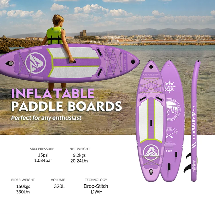 Purple inflatable paddle board with specifications displayed, including max pressure, weight, and capacity. Featured with a scenic coastline in the background.