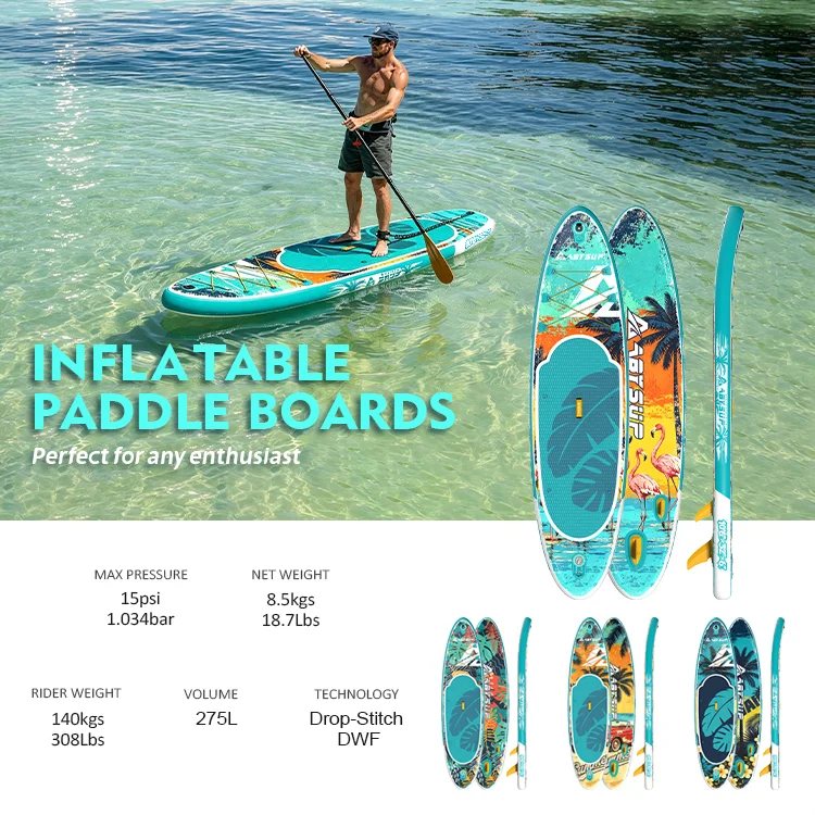 Man paddling on an inflatable paddle board in clear water alongside images of multiple paddle board designs and specifications.