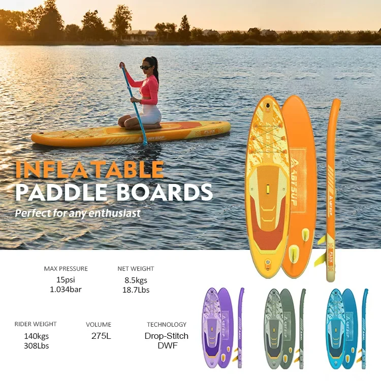 Woman paddling on an inflatable paddle board on a calm lake at sunset, with detailed specifications and colorful board options shown.