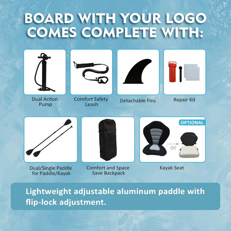 A comprehensive paddleboard accessories package with dual-action pump, safety leash, detachable fins, repair kit, paddle, backpack, and optional kayak seat.