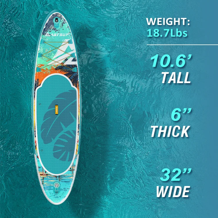 Colorful stand-up paddleboard with dimensions and weight displayed: 10.6’ tall, 6” thick, 32” wide, and weighs 18.7 lbs, placed over blue water.