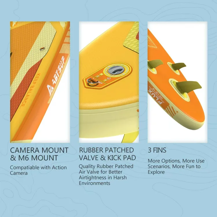 Close-up view of a paddleboard showcasing camera mount, rubber patched valve with kick pad, and three fins for better usability and versatility.