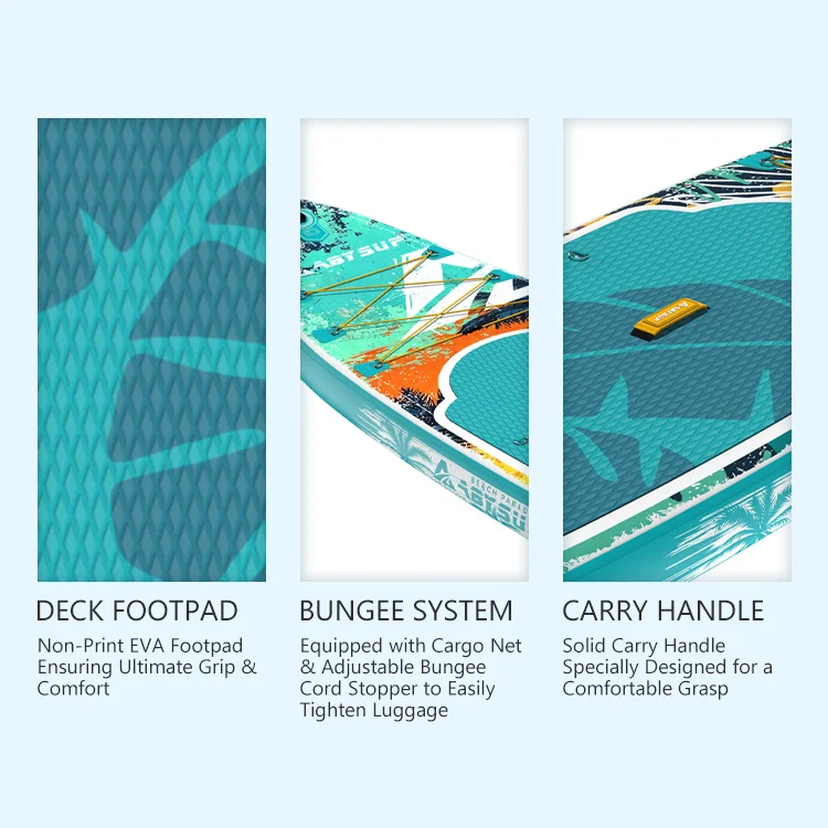 Paddleboard showcasing a non-print EVA footpad for grip and comfort, adjustable bungee system with cargo net, and a solid carry handle for easy transport.