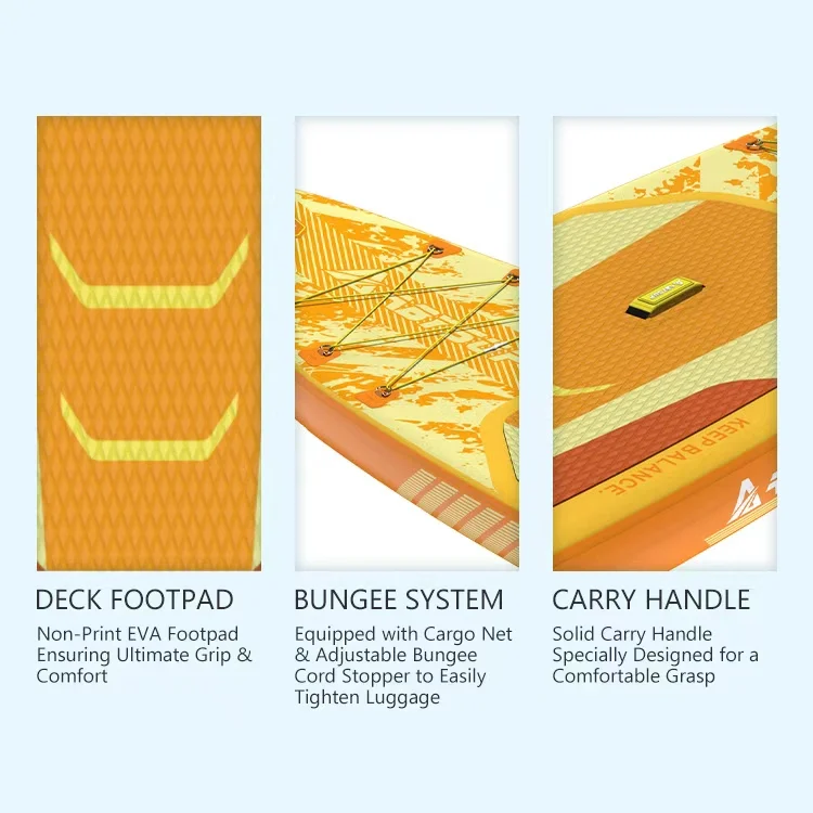 Details of a paddleboard featuring an EVA deck footpad for grip and comfort, a bungee system for luggage, and a carry handle.