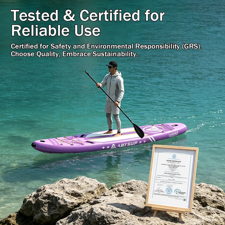 Person paddleboarding on a purple certified sustainable SUP in clear water, with a framed certification for environmental responsibility.