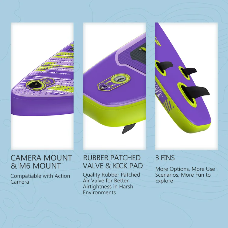 Close-up of purple and green paddleboard features, showcasing camera mount, rubber-patched valve with a kick pad, and three fins for stability.
