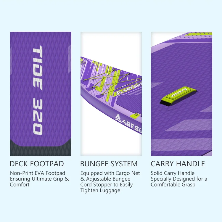 Close-up details of a purple paddleboard showcasing a textured deck footpad, adjustable bungee system for luggage, and a comfortable carry handle.