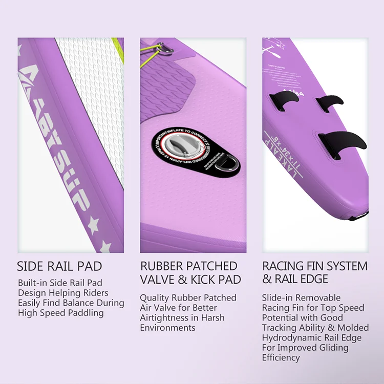 Close-up of a purple inflatable paddleboard showing a side rail pad, rubber-patched valve and kick pad, and racing fin system.