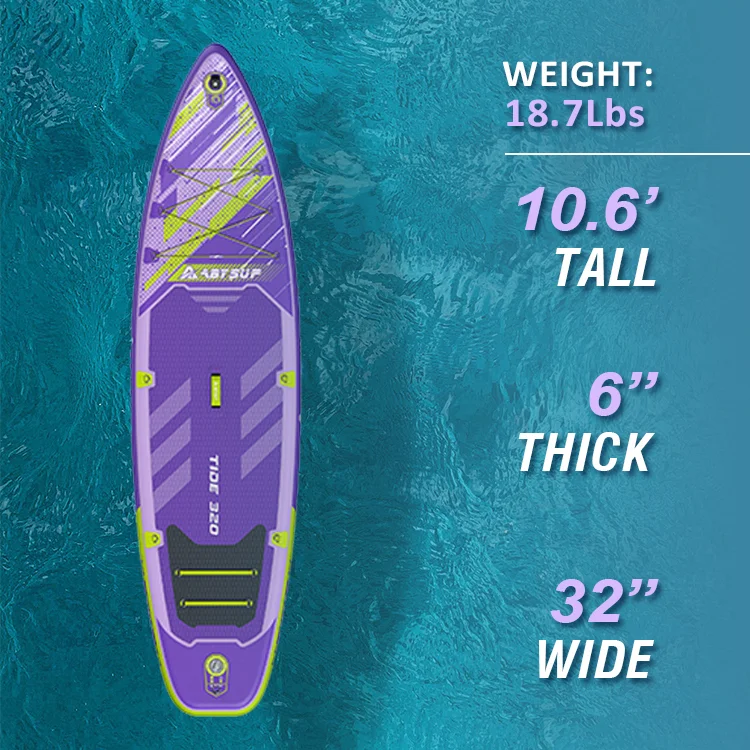 A purple stand-up paddleboard with yellow and green accents floating on blue water. Dimensions include 10.6 feet tall, 6 inches thick, and 32 inches wide. Weight is 18.7 pounds.