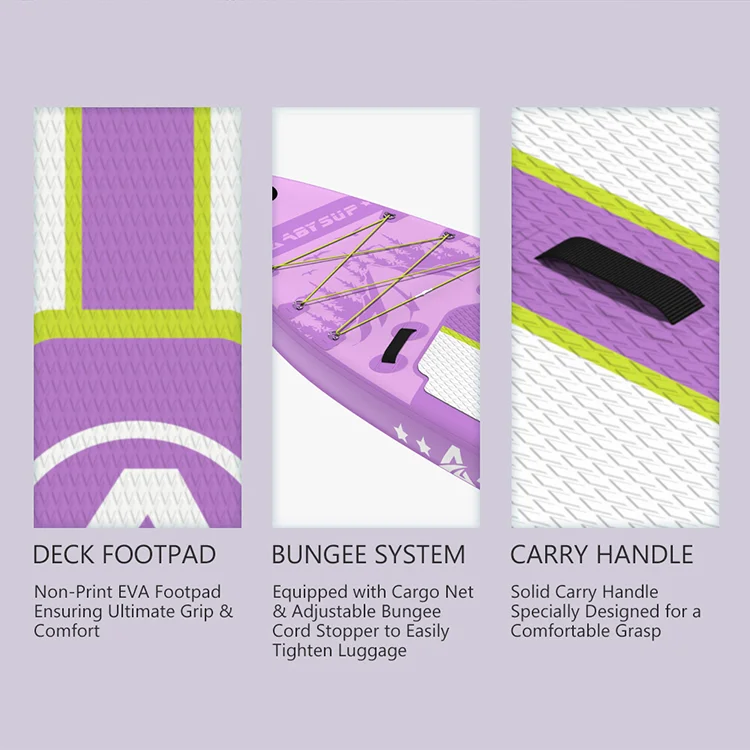 Close-up of a purple stand-up paddleboard showcasing features: deck footpad, bungee system, and carry handle with grip.