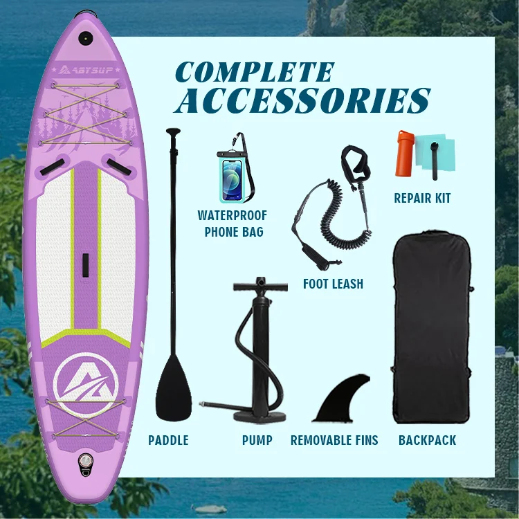 Purple stand-up paddleboard displayed with included accessories: paddle, manual pump, foot leash, repair kit, waterproof phone bag, removable fins, and a backpack.