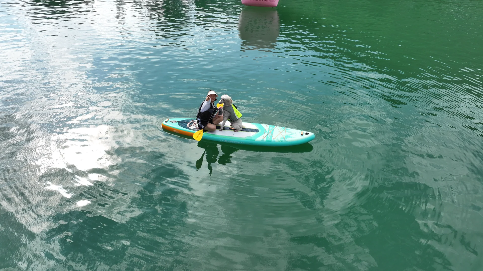 A person wearing a hat and life vest sits on a paddleboard with a dog wearing a neon life jacket on a calm lake.