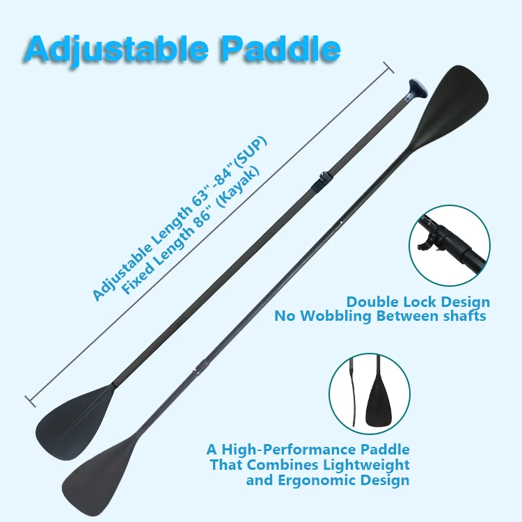 Adjustable paddle with double lock design, ergonomic features, lightweight construction, and variable lengths for SUP and kayak use.