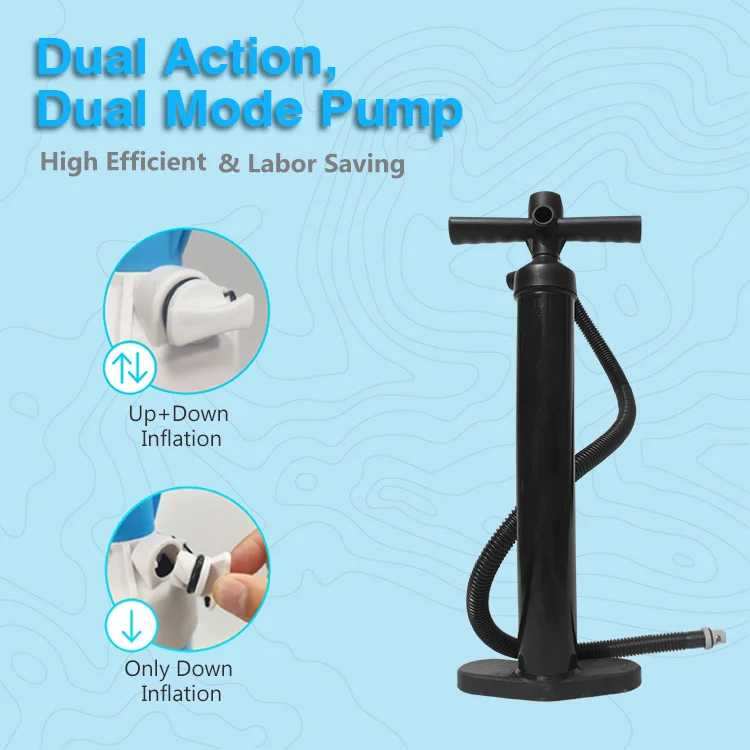 Black dual-action pump with dual mode settings for up-and-down or down-only inflation, showcased on a light blue background.