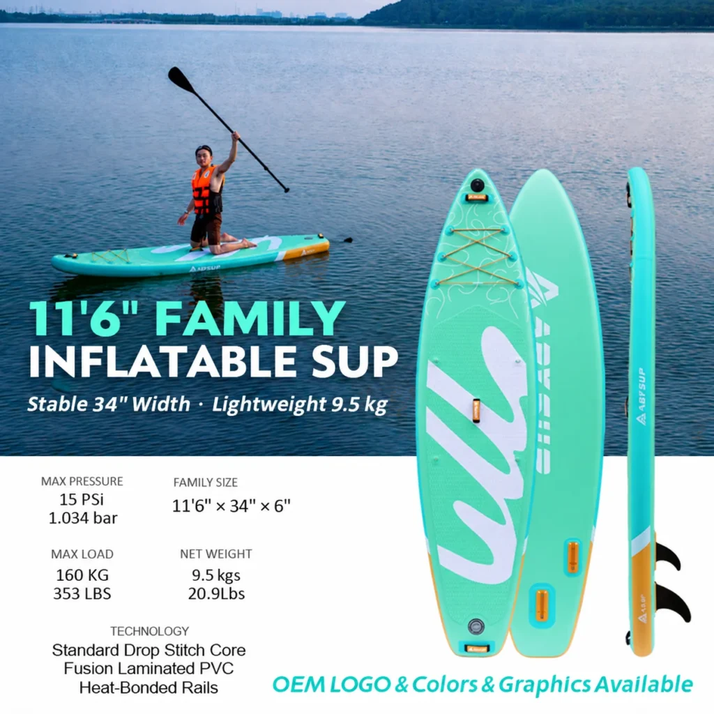 Persoană practicând paddleboarding pe o placă de stand-up paddle gonflabilă verde într-un lac liniștit; specificațiile produsului pentru un SUP de familie de 3,44 m sunt afișate alături de imagini de aproape ale plăcii.